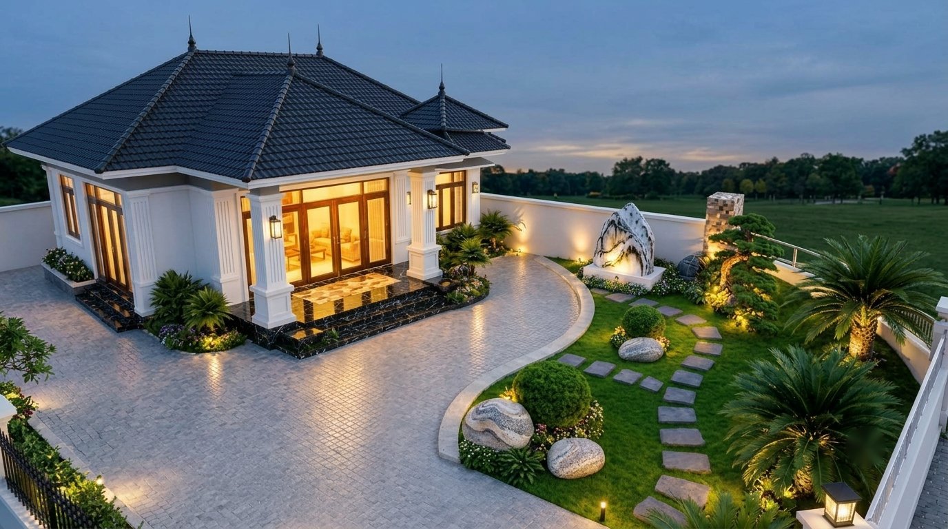 Sân vườn và ngôi nhà INTA HOME về đêm